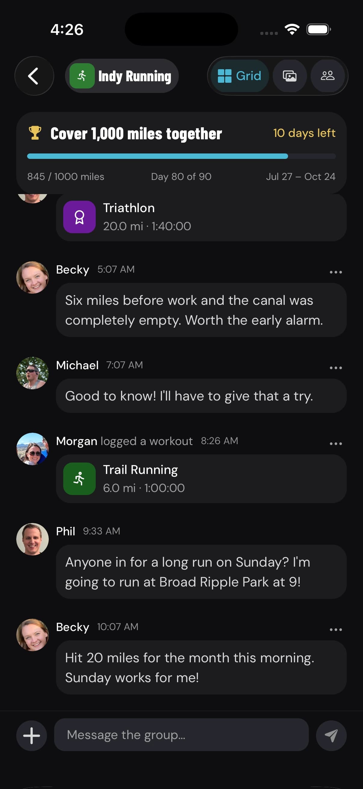 A group room in the Endurance Grid app, with the group’s shared race goal
