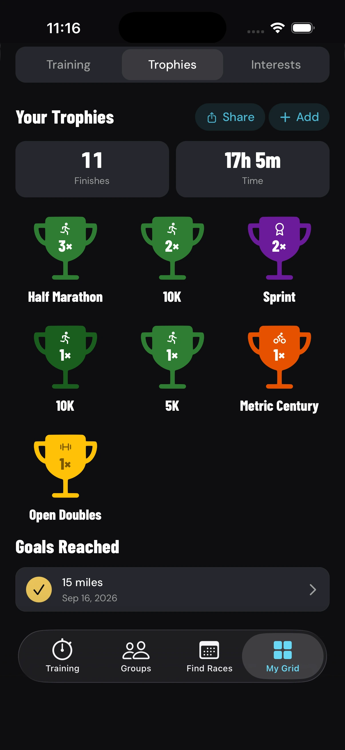 The trophy case in the Endurance Grid app: every race finished, by sport