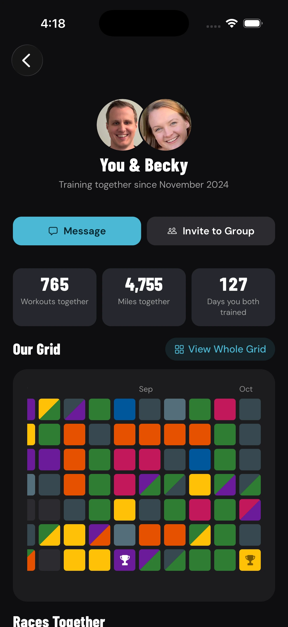 The You & Becky page in the Endurance Grid app: their grid together and races together